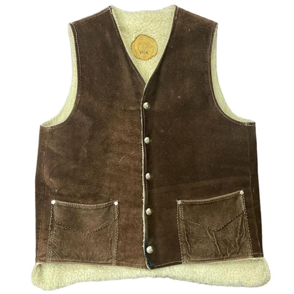 Vintage 1970s Handmade Suede Sherpa Lined Western Cowboy Vest Outerwear M 20x24"